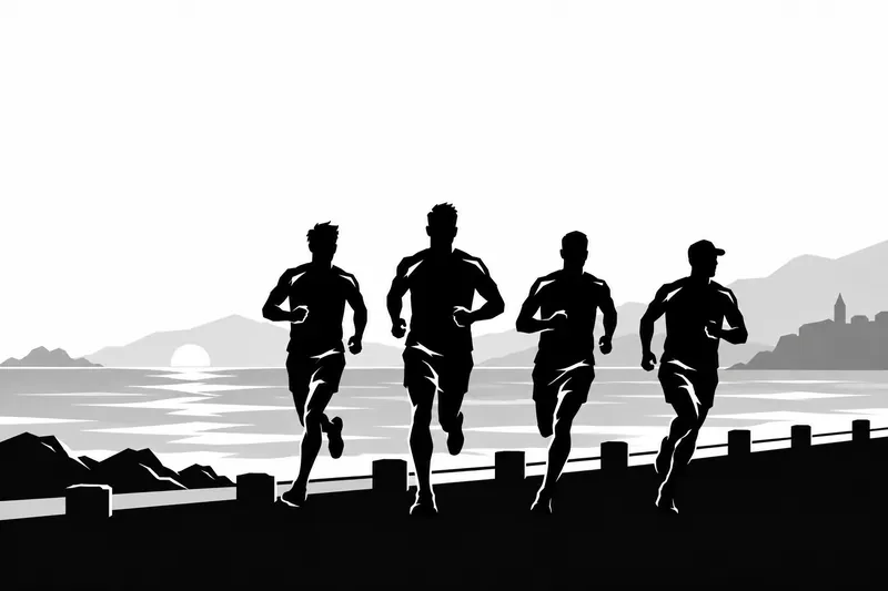 Ilustração de quatro homens correndo à beira-mar ao nascer do sol