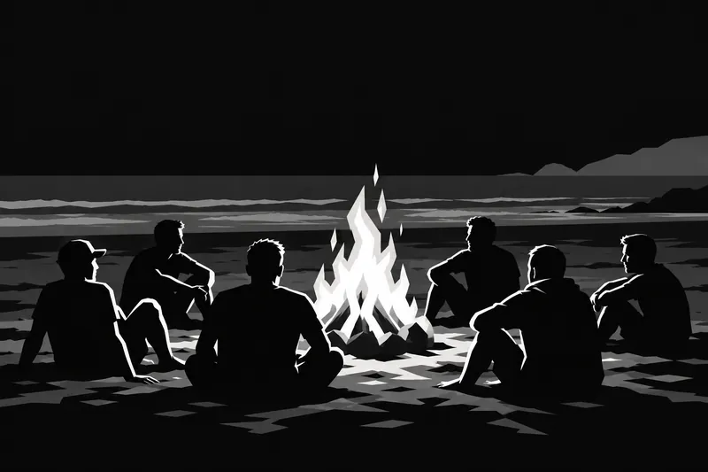 Ilustração de homens sentados em roda em volta de uma fogueira na praia, à noite