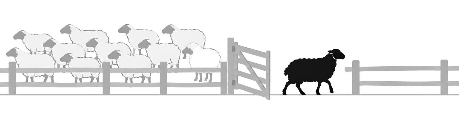 Ilustração de uma ovelha negra saindo pela porteira aberta de um curral, enquanto o rebanho branco fica para trás