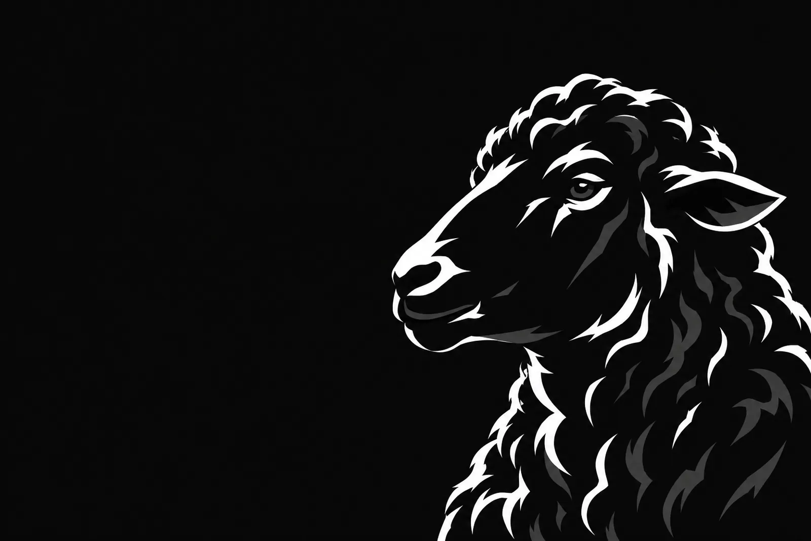 Ilustração do perfil de uma ovelha negra no escuro, com a lã marcada por luz branca, calma e séria