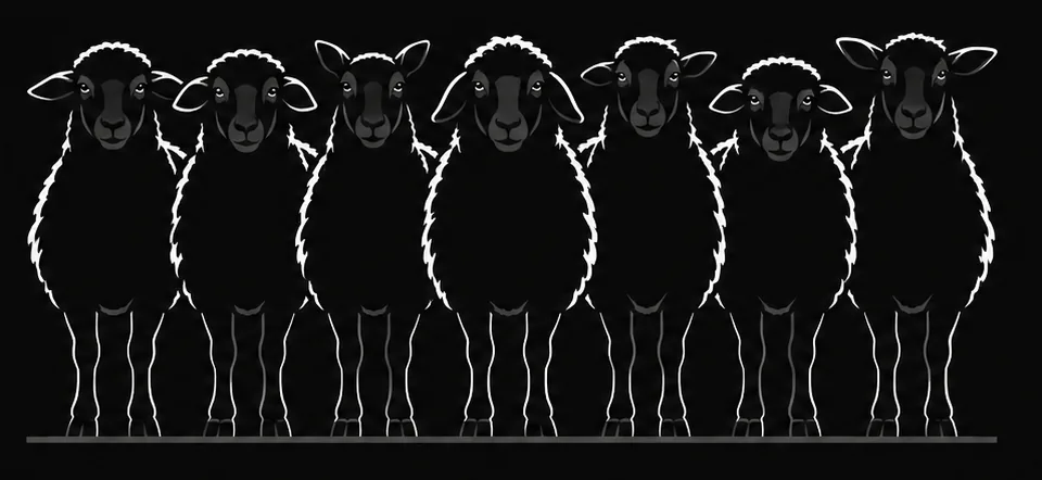 Ilustração de sete ovelhas negras lado a lado à noite, firmes como uma tropa em formação